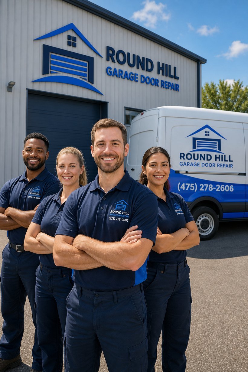 The Round Hill Garage Door Repair team in front of their branded facility and service van in Greenwich, CT