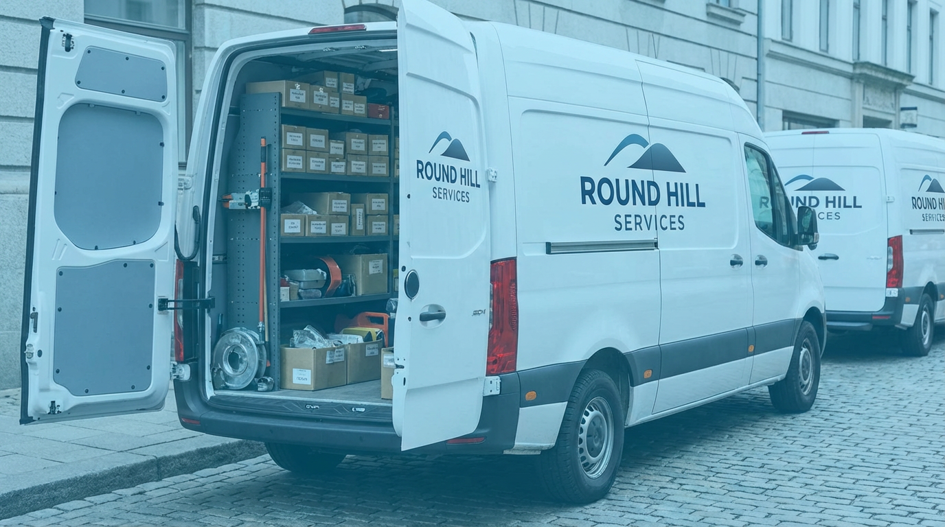 Round Hill Garage Door Repair work vehicle and technician at residential garage door